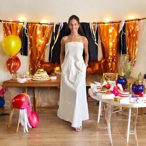 Cotton & Linen Shirred Pocket Long Dress  | Size 6 | Commense